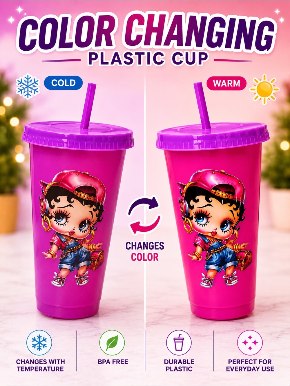 Betty Boop Pink/Purple Color-Changing Plastic Tumbler with Straw